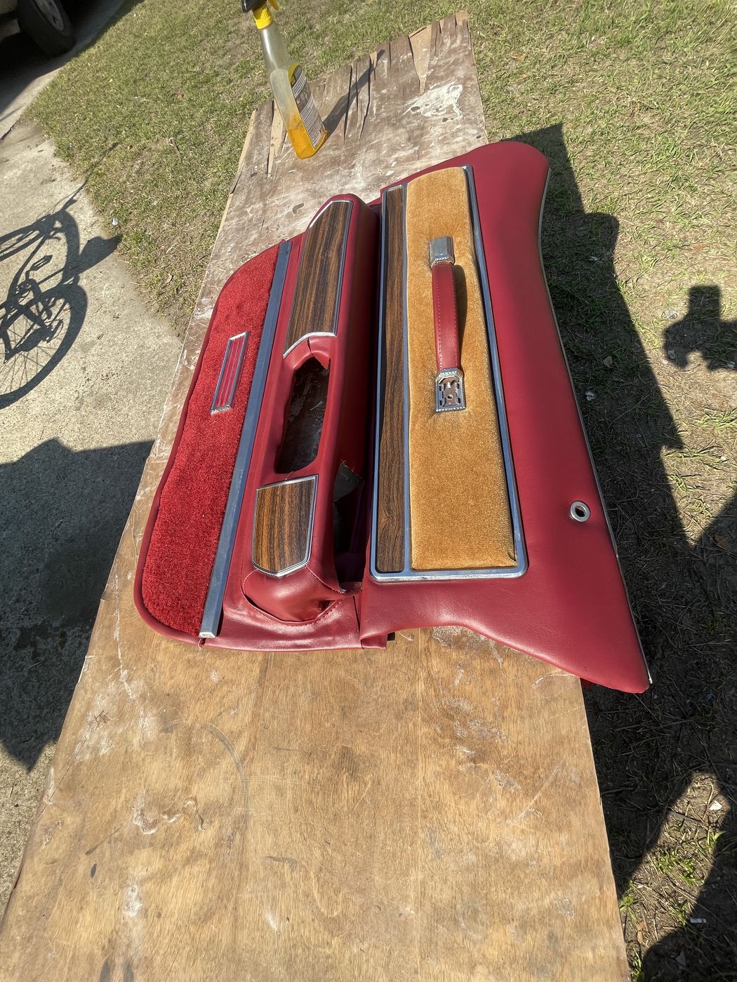 Red and woodgrain door panels