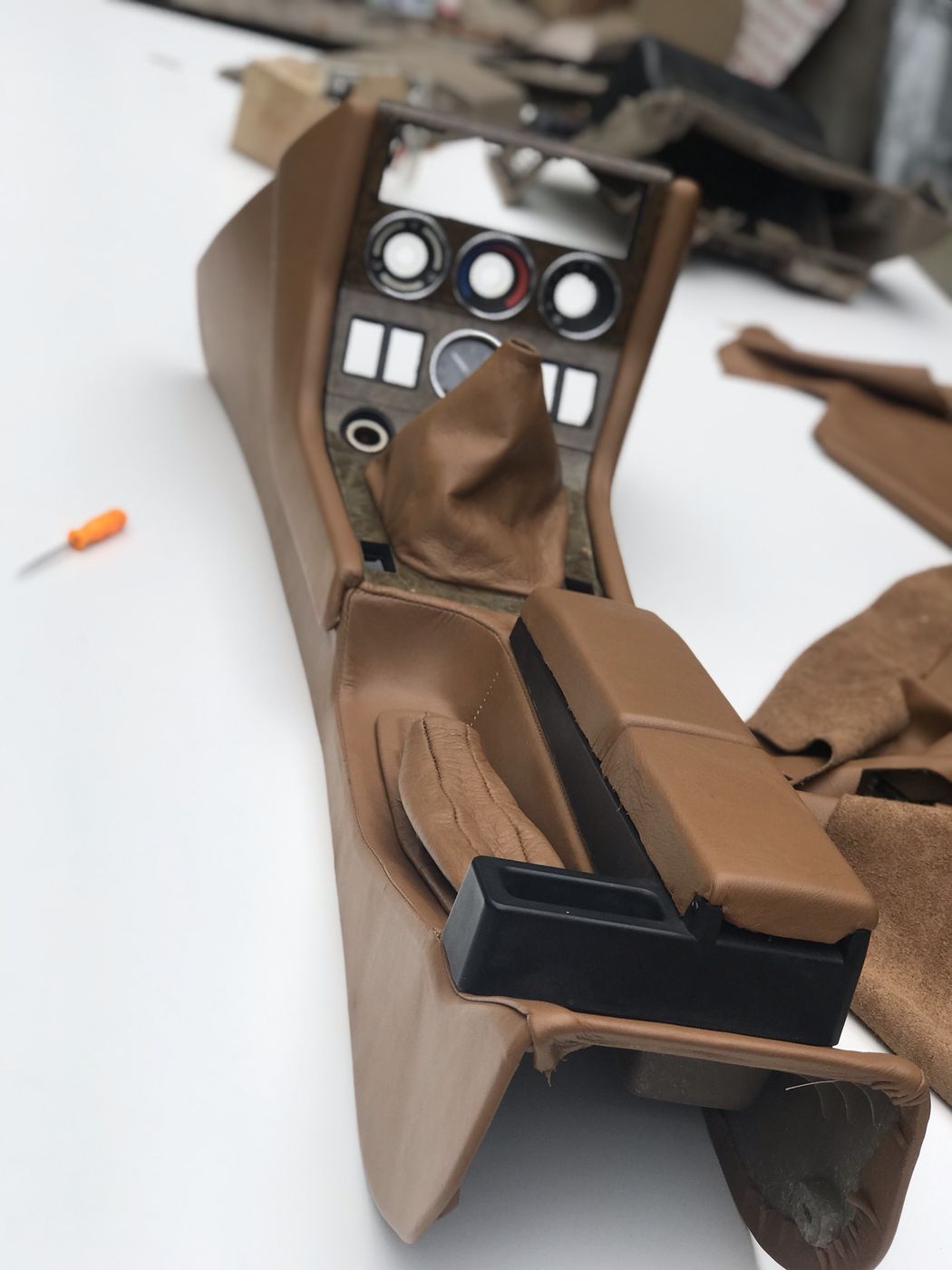 Brown leather center console
