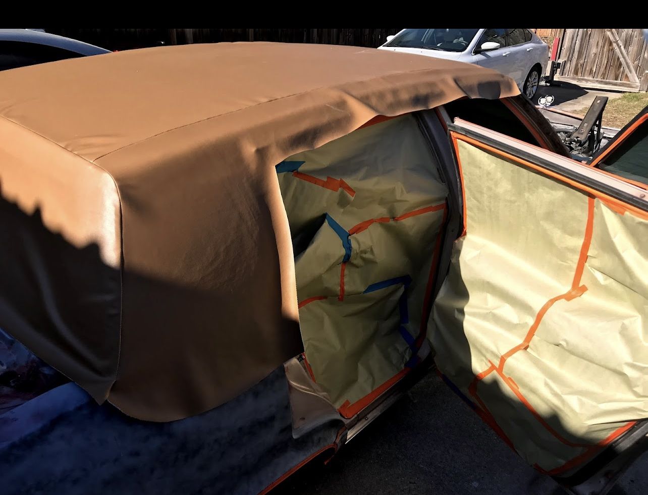 Tan leather being fitted