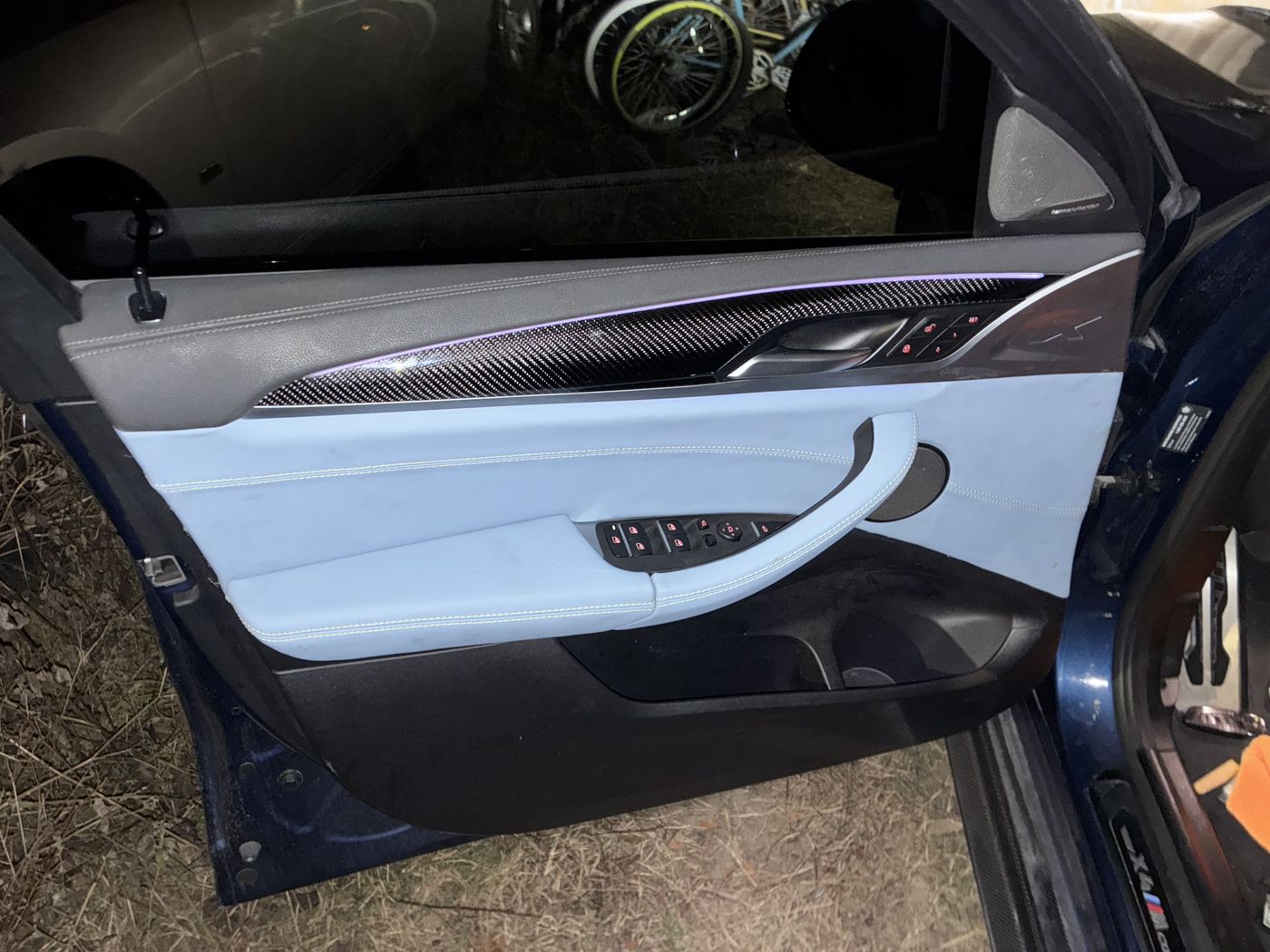 Light blue door panel in a BMW